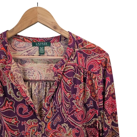 Lauren Ralph Lauren Cotton Paisley V-Neck Top Size XL Burgundy Red Casual Boho - Picture 9 of 14